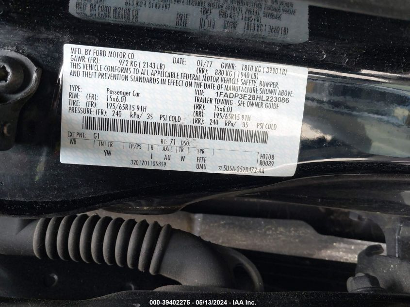 2017 Ford Focus S VIN: 1FADP3E28HL223086 Lot: 39402275