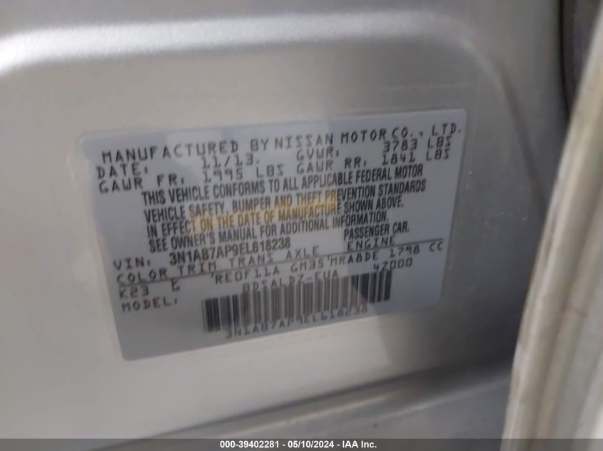 2014 Nissan Sentra Sv VIN: 3N1AB7AP9EL618238 Lot: 39402281