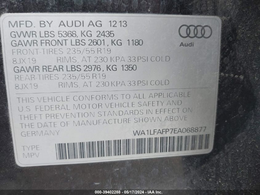2014 Audi Q5 2.0T Premium VIN: WA1LFAFP7EA068877 Lot: 39402288