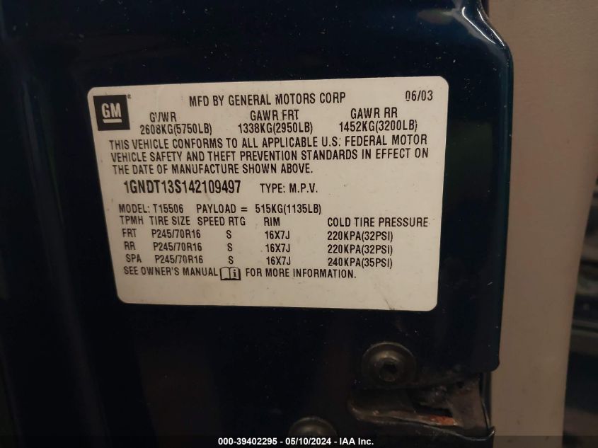 2004 Chevrolet Trailblazer Ls VIN: 1GNDT13S142109497 Lot: 39402295