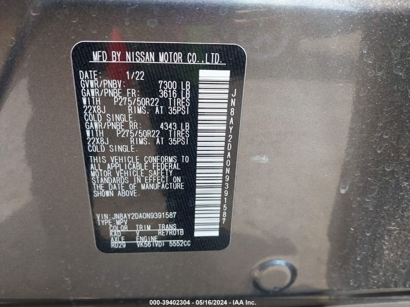 2022 NISSAN ARMADA PLATINUM 2WD - JN8AY2DA0N9391587