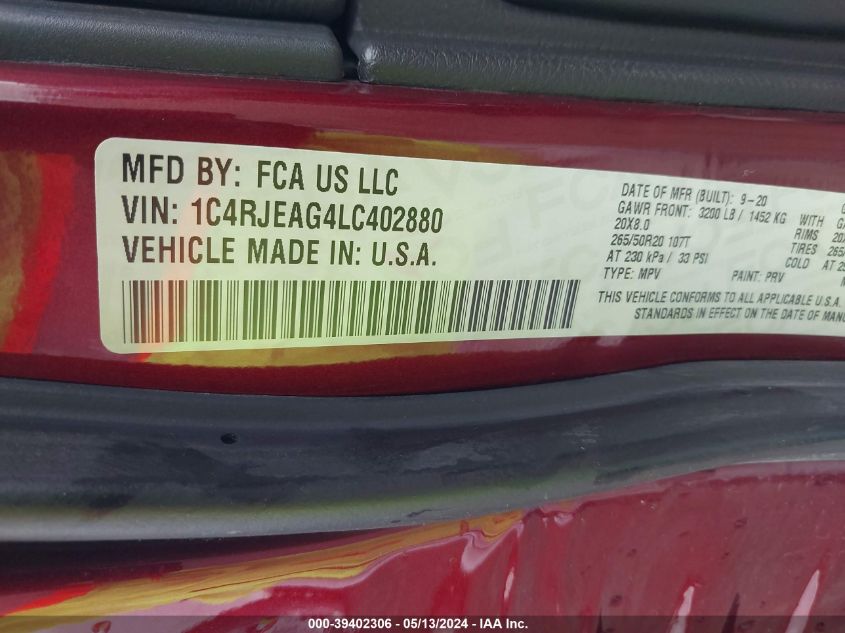 2020 Jeep Grand Cherokee Altitude 4X2 VIN: 1C4RJEAG4LC402880 Lot: 39402306