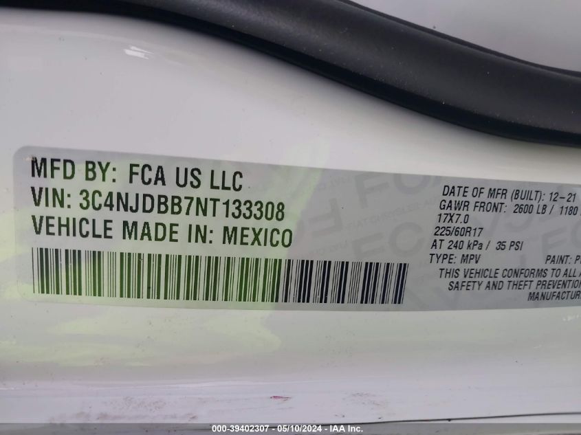 2022 Jeep Compass Latitude 4X4 VIN: 3C4NJDBB7NT133308 Lot: 39402307