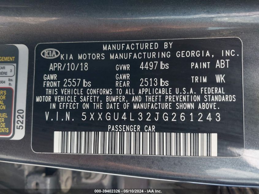 2018 Kia Optima Ex VIN: 5XXGU4L32JG261243 Lot: 39402326