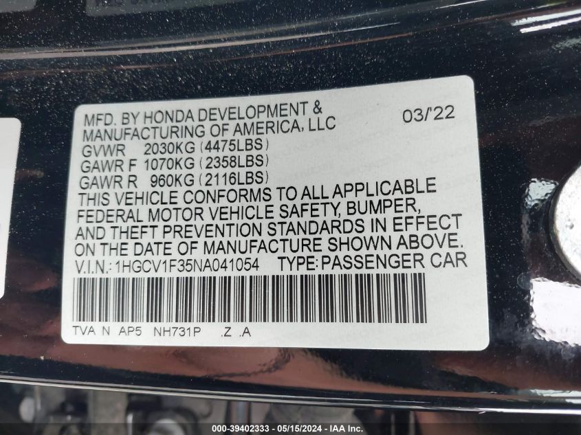 2022 Honda Accord Sport VIN: 1HGCV1F35NA041054 Lot: 39402333
