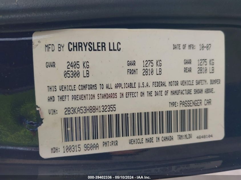 2008 Dodge Charger R/T VIN: 2B3KA53H88H132355 Lot: 39402336