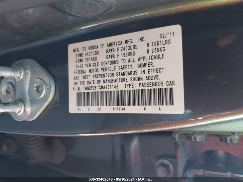 2011 Honda Accord 2.4 Ex VIN: 1HGCP2F7XBA101148 Lot: 39402346
