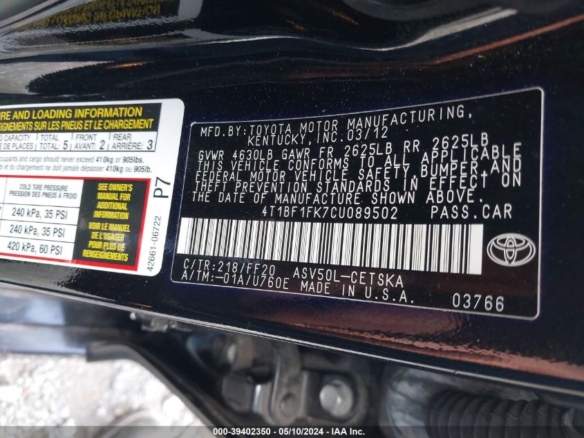 2012 Toyota Camry Se VIN: 4T1BF1FK7CU089502 Lot: 39402350