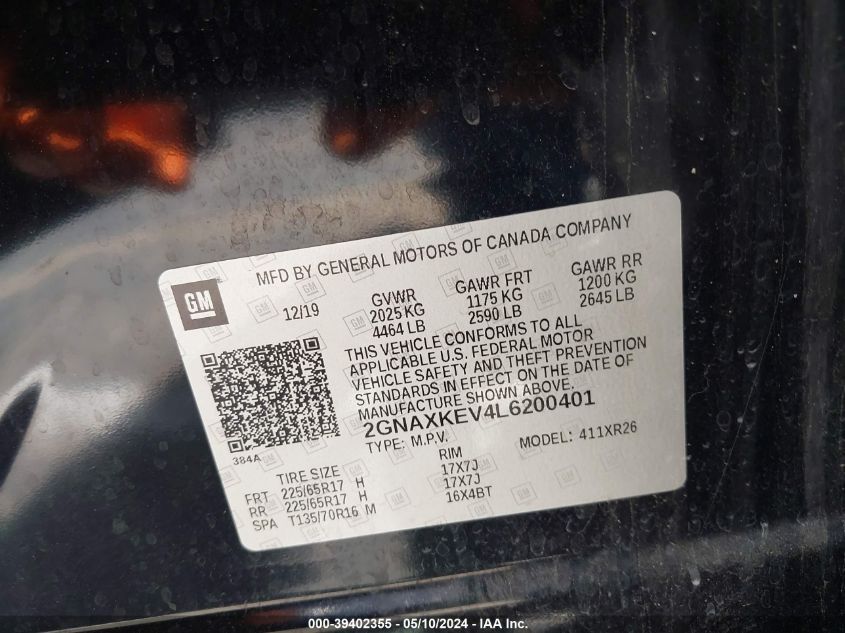 2020 Chevrolet Equinox Fwd Lt 1.5L Turbo VIN: 2GNAXKEV4L6200401 Lot: 39402355