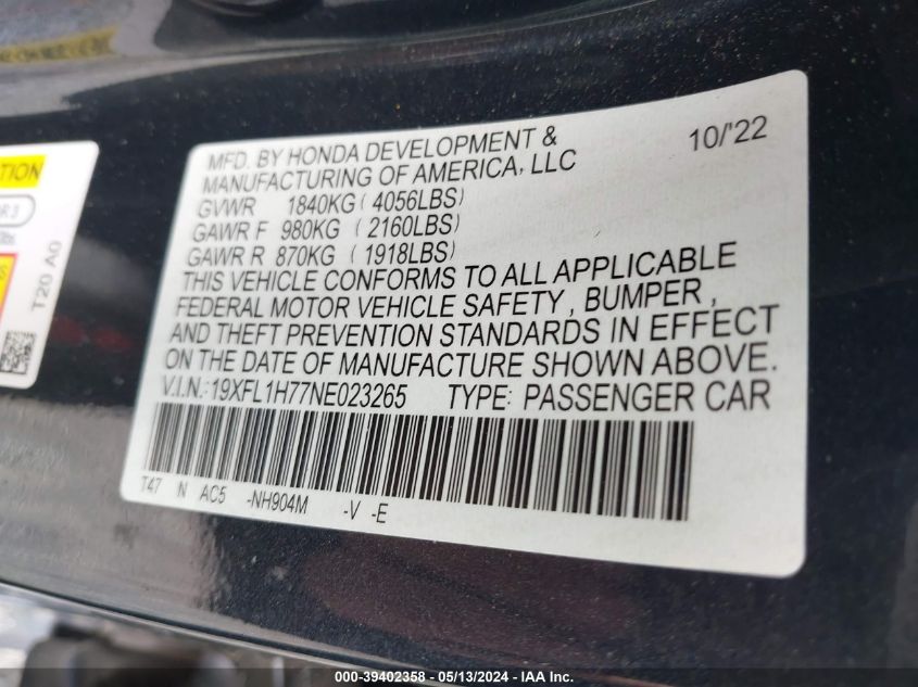 2022 Honda Civic Ex-L VIN: 19XFL1H77NE023265 Lot: 39402358