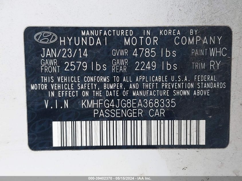 2014 Hyundai Azera VIN: KMHFG4JG8EA368335 Lot: 39402370