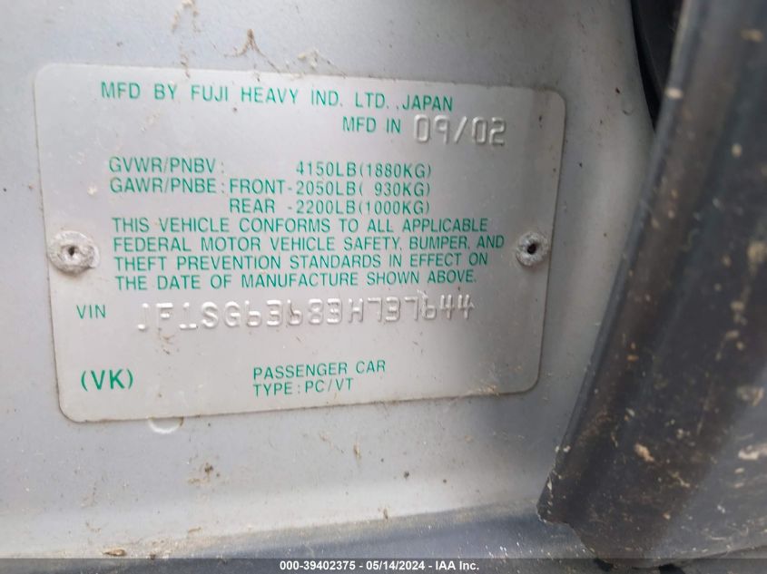 2003 Subaru Forester X VIN: JF1SG63683H737644 Lot: 39402375