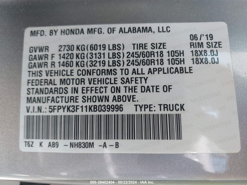 2019 Honda Ridgeline Sport VIN: 5FPYK3F11KB039996 Lot: 39402404