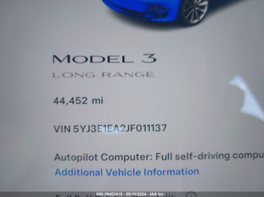 2018 Tesla Model 3 Long Range/Mid Range VIN: 5YJ3E1EA2JF011137 Lot: 39402419