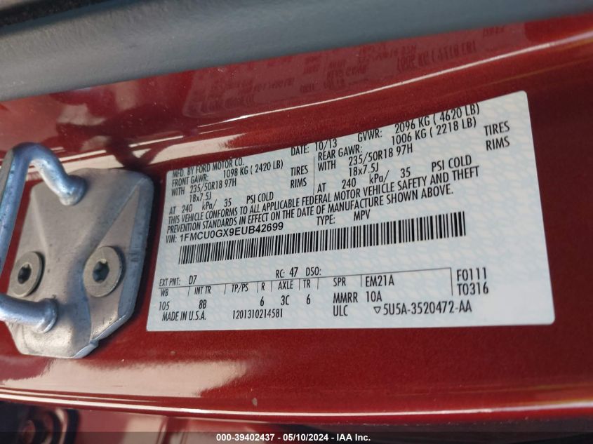 2014 Ford Escape Se VIN: 1FMCU0GX9EUB42699 Lot: 39402437