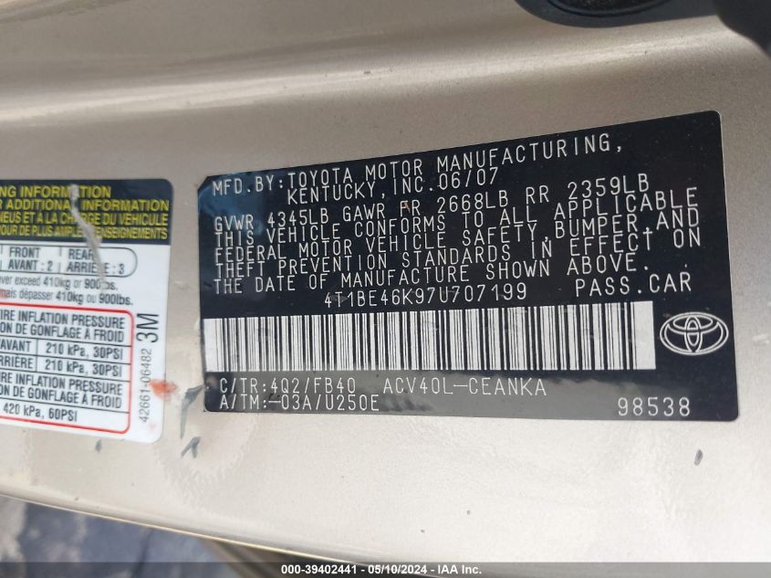 2007 Toyota Camry Le VIN: 4T1BE46K97U707199 Lot: 39402441