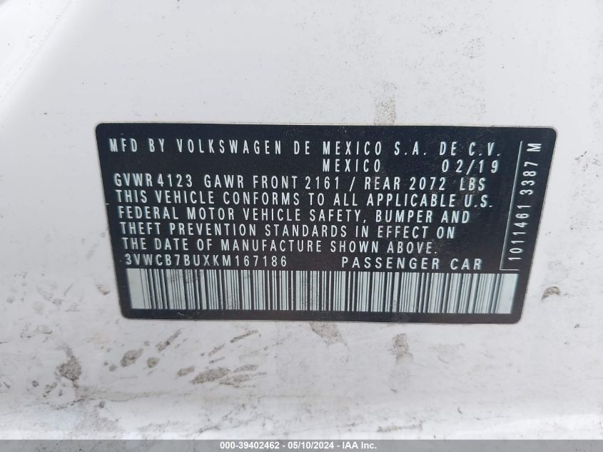 2019 Volkswagen Jetta 1.4T R-Line/1.4T S/1.4T Se VIN: 3VWCB7BUXKM167186 Lot: 39402462