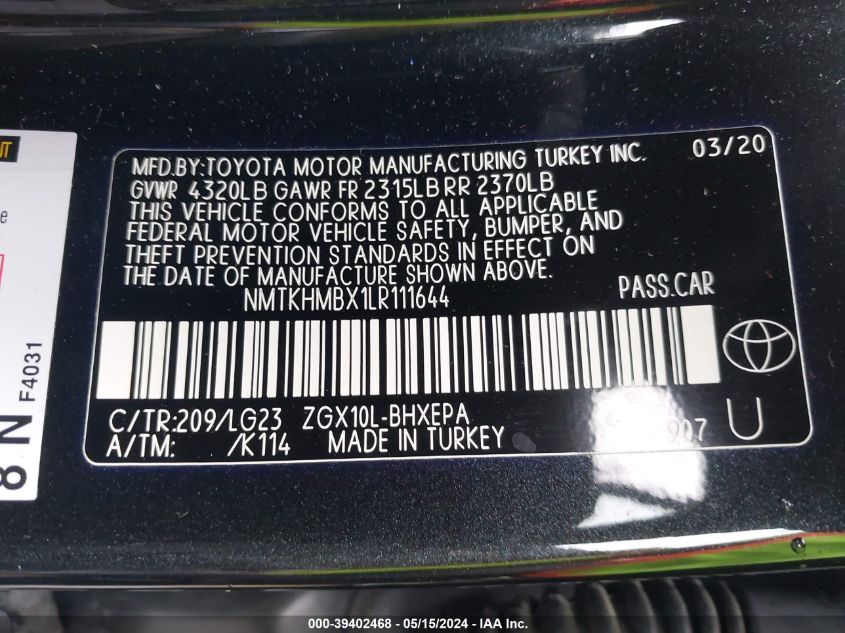 2020 Toyota C-Hr Limited VIN: NMTKHMBX1LR111644 Lot: 39402468