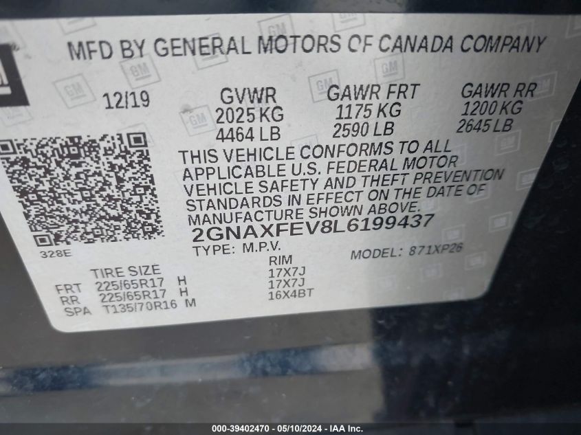 2020 Chevrolet Equinox Fwd 1Fl VIN: 2GNAXFEV8L6199437 Lot: 39402470