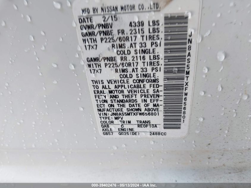 2015 Nissan Rogue Select S VIN: JN8AS5MTXFW656801 Lot: 39402476