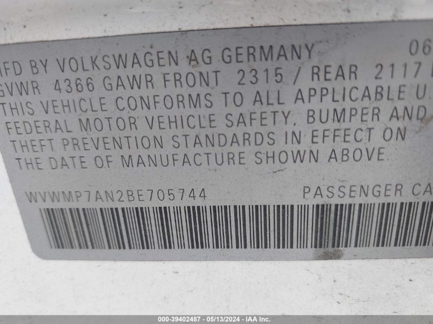 2011 Volkswagen Cc Sport VIN: WVWMP7AN2BE705744 Lot: 39402487