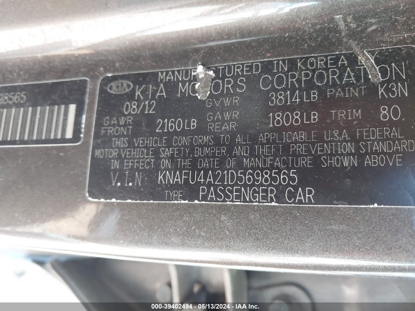 2013 Kia Forte Ex VIN: KNAFU4A21D5698565 Lot: 39402494