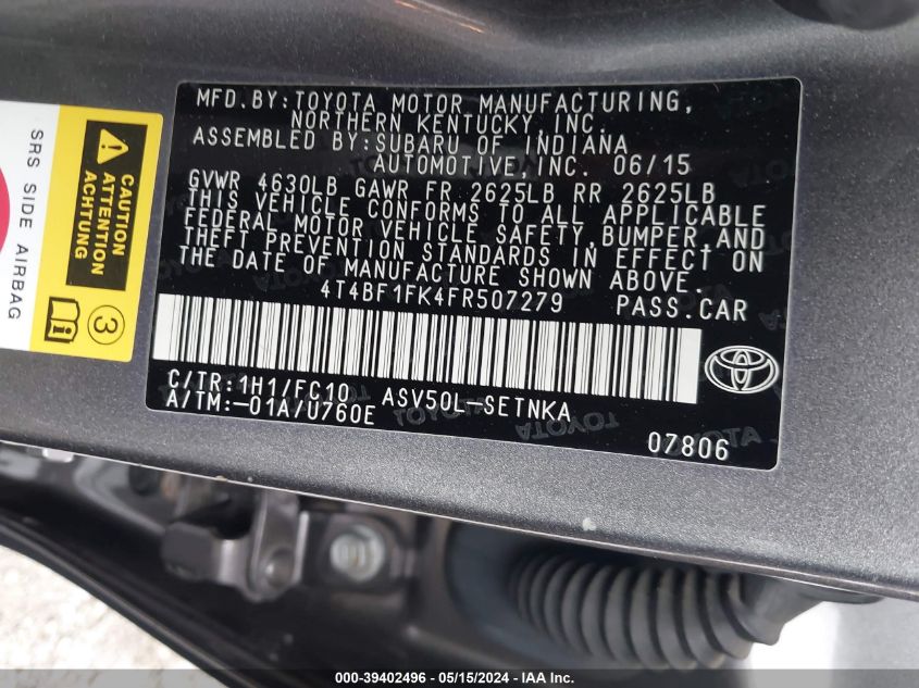 2015 Toyota Camry Le VIN: 4T4BF1FK4FR507279 Lot: 39402496