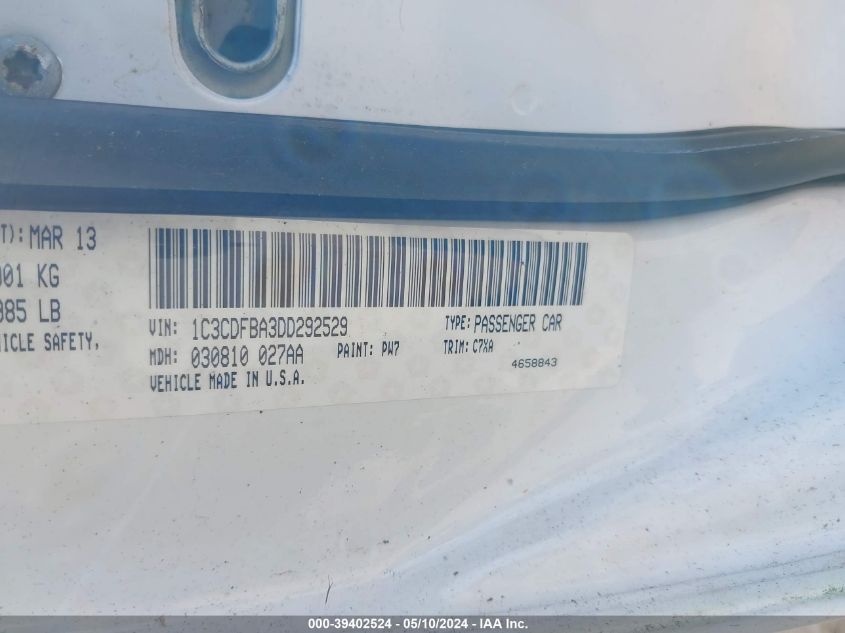 2013 Dodge Dart Sxt VIN: 1C3CDFBA3DD292529 Lot: 39402524