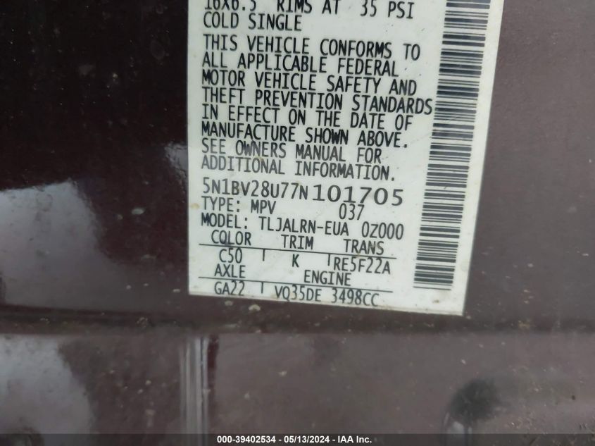 2007 Nissan Quest 3.5 VIN: 5N1BV28U77N101705 Lot: 39402534