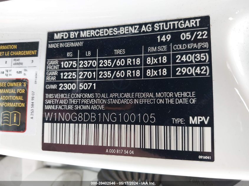 2022 Mercedes-Benz Glc 300 300 VIN: W1N0G8DB1NG100105 Lot: 39402546