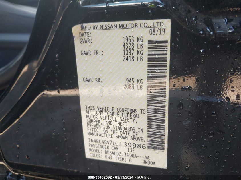 2020 Nissan Altima S Fwd VIN: 1N4BL4BV7LC139986 Lot: 39402592