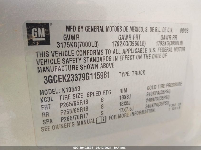 2009 Chevrolet Silverado 1500 Lt VIN: 3GCEK23379G115981 Lot: 39402598