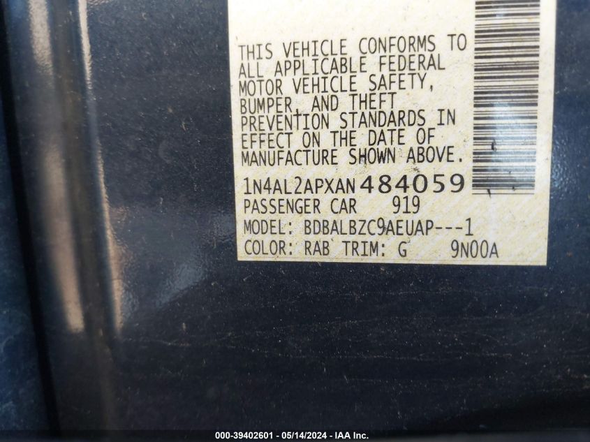 2010 Nissan Altima 2.5 S VIN: 1N4AL2APXAN484059 Lot: 39402601