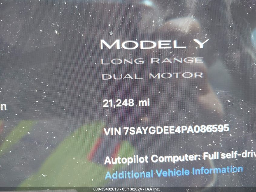 2023 TESLA MODEL Y AWD/LONG RANGE DUAL MOTOR ALL-WHEEL DRIVE - 7SAYGDEE4PA086595