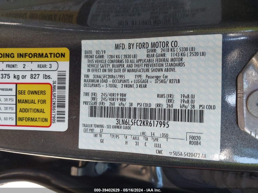 2019 Lincoln Mkz Reserve Ii VIN: 3LN6L5FC2KR617995 Lot: 39402629