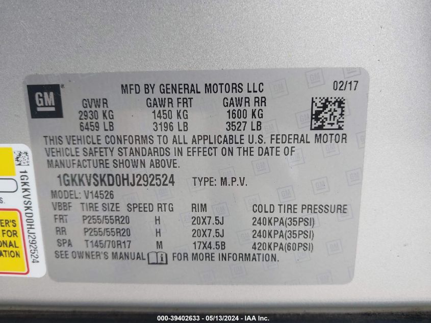 2017 GMC ACADIA LIMITED 1GKKVSKD0HJ292524