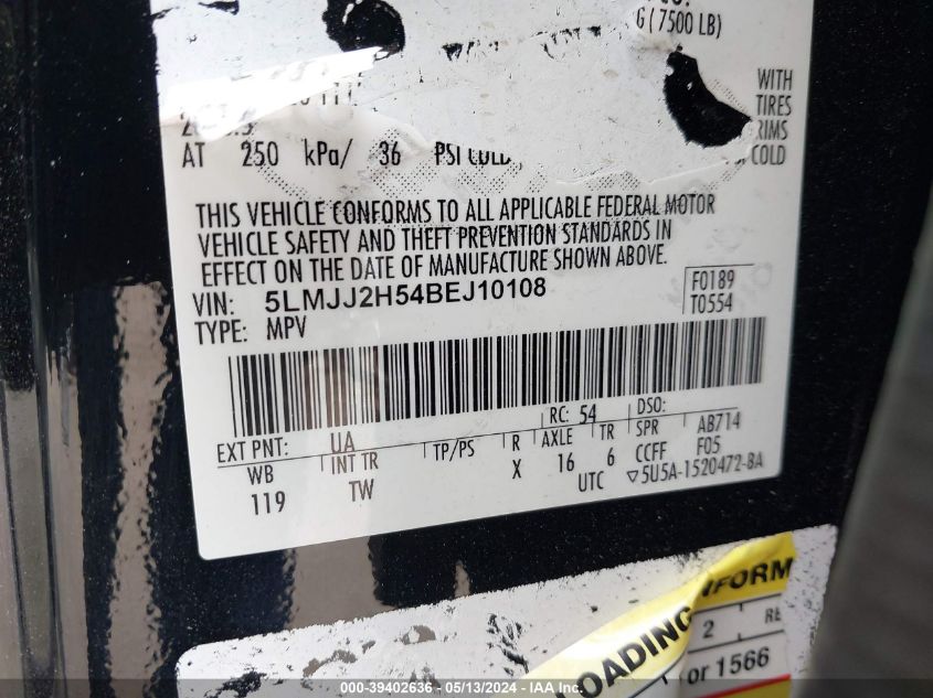 2011 Lincoln Navigator VIN: 5LMJJ2H54BEJ10108 Lot: 39402636