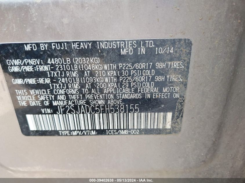 2015 Subaru Forester 2.5I Premium VIN: JF2SJADC5FH538155 Lot: 39402638