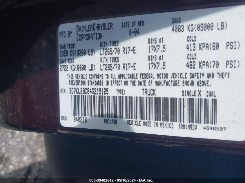 2004 Dodge Ram 2500 Slt/Laramie VIN: 3D7KU28C84G219125 Lot: 39402642