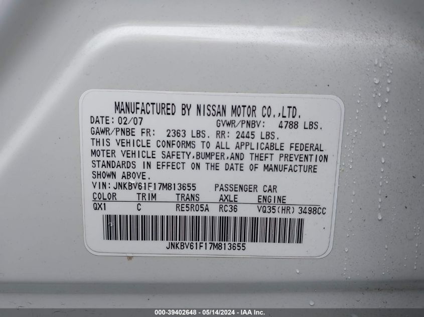 2007 Infiniti G35X VIN: JNKBV61F17M813655 Lot: 39402648