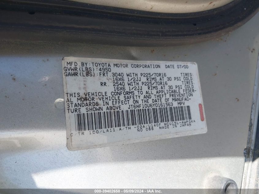 2000 Lexus Rx 300 VIN: JT6HF10U6Y0161563 Lot: 39402658