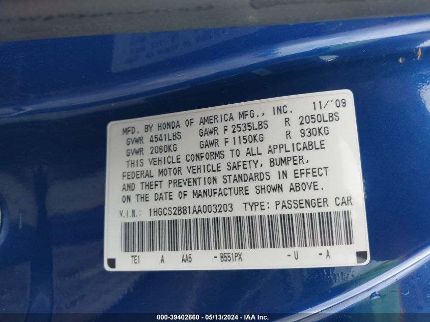 2010 Honda Accord 3.5 Ex-L VIN: 1HGCS2B81AA003203 Lot: 39402660