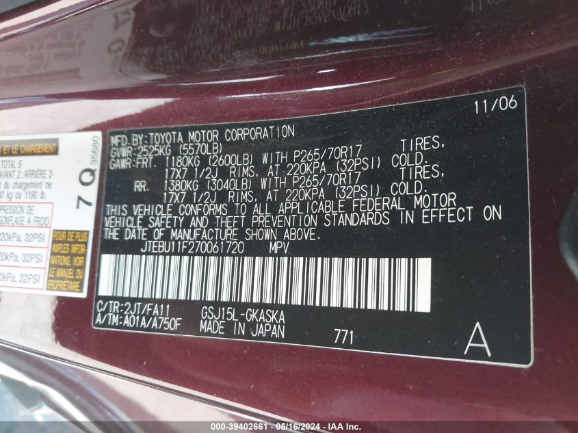 2007 Toyota Fj Cruiser VIN: JTEBU11F270061720 Lot: 39402661