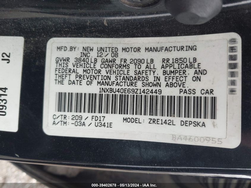 2009 Toyota Corolla S VIN: 1NXBU40E69Z142449 Lot: 39402678