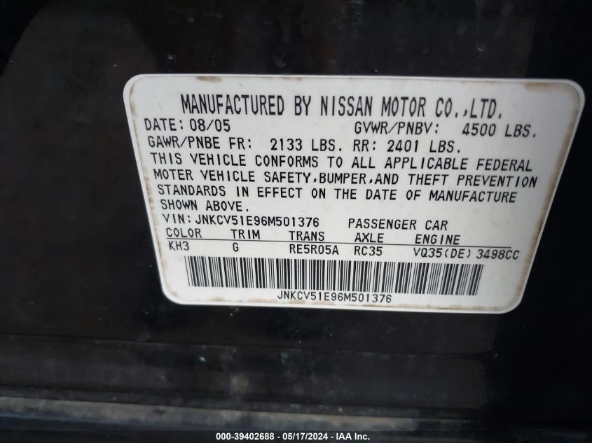 2006 Infiniti G35 VIN: JNKCV51E96M501376 Lot: 39402688