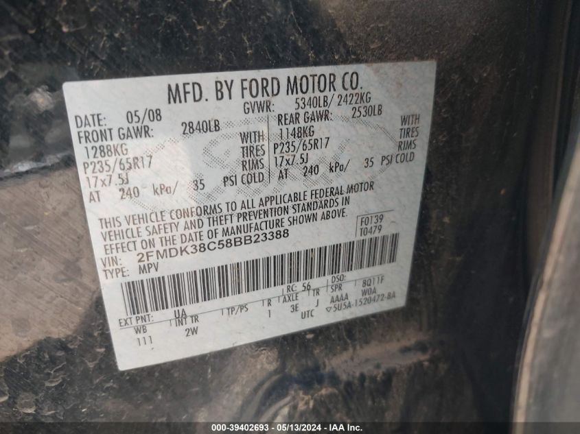 2008 Ford Edge Sel VIN: 2FMDK38C58BB23388 Lot: 39402693