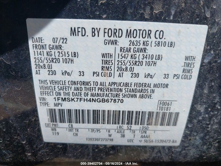 2022 Ford Explorer Limited VIN: 1FMSK7FH4NGB67870 Lot: 39402704