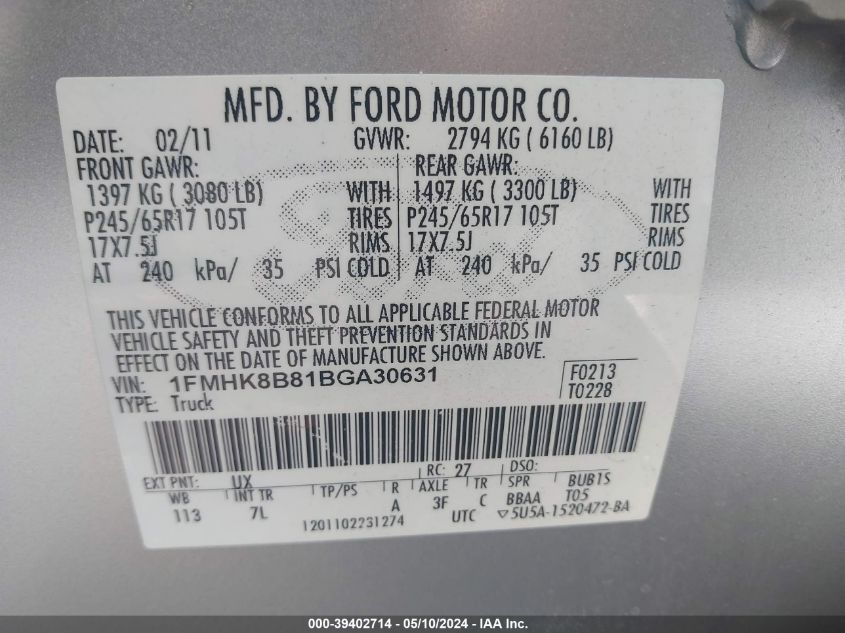 2011 Ford Explorer VIN: 1FMHK8B81BGA30631 Lot: 39402714