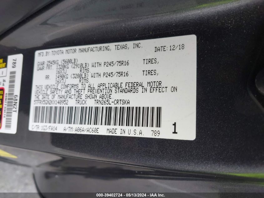 2019 Toyota Tacoma Sr VIN: 5TFRX5GN2KX140952 Lot: 39402724