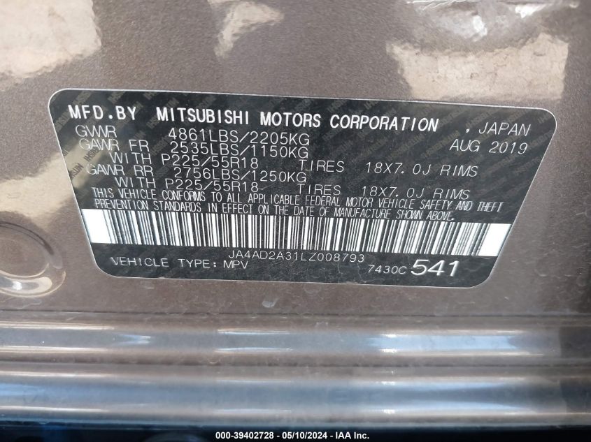 2020 Mitsubishi Outlander Es 2.4 VIN: JA4AD2A31LZ008793 Lot: 39402728